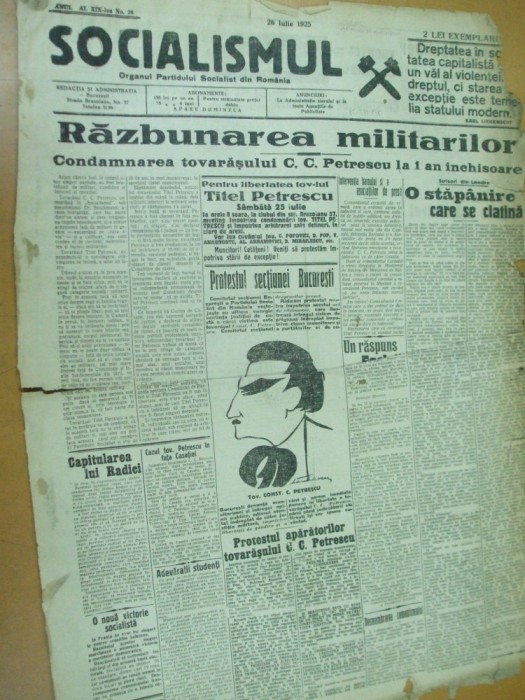 Socialismul 26 iulie 1925 condamnare Titel Petrescu caricatura Marculescu Tulcea foto mare Socialismul 26 iulie 1925 condamnare Titel Petrescu caricatura Marculescu Tulcea foto mare