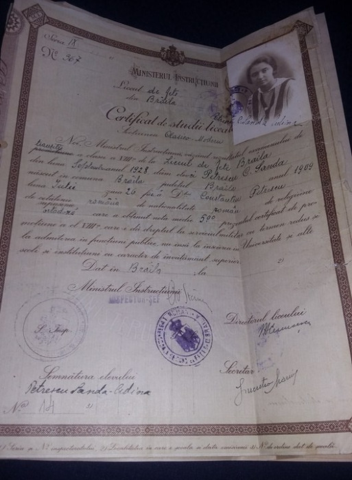 CERTIFICAT DE STUDII LICEALE 1928 cu foto,Ministerul Instructiunii,Liceu fete