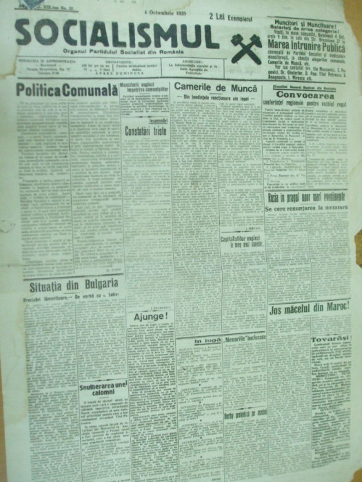 Socialismul 4 octombrie 1925 Marghiloman Mirescu Cluj Moscovici Brad Ploiesti