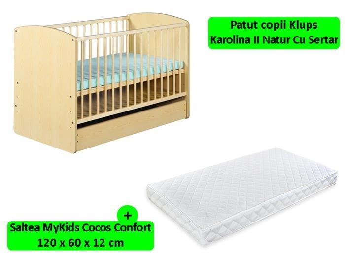 Patut Cu Sertar Klups Karolina Ii Natur + Saltea 12 Mykids foto mare Patut Cu Sertar Klups Karolina Ii Natur + Saltea 12 Mykids foto mare