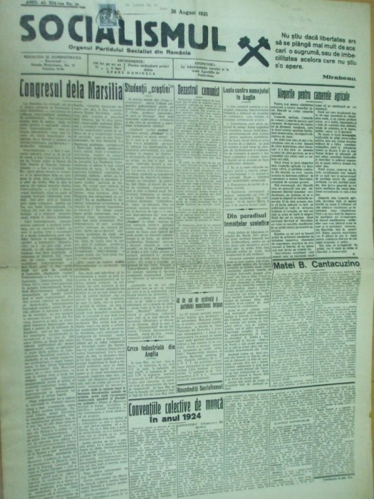 Socialismul 30 august 1925 Matei Cantacuzino Ardeal Brasov Moreni Giurgiu