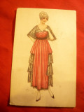 Ilustrata de autor- Femeie in rochie de epoca ,Italia ,inc.sec.XX, Circulata, Printata