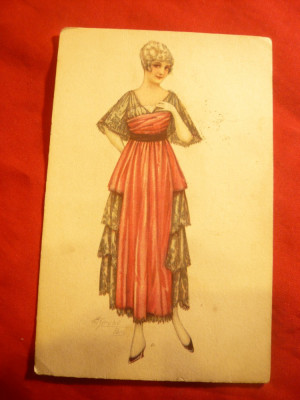 Ilustrata de autor- Femeie in rochie de epoca ,Italia ,inc.sec.XX foto