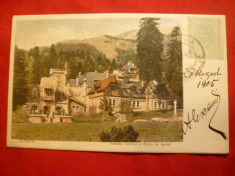 Ilustrata clasica Sinaia -Cantina , Corpul de Garda 1905 ,goarna 932,5 bani Spic foto