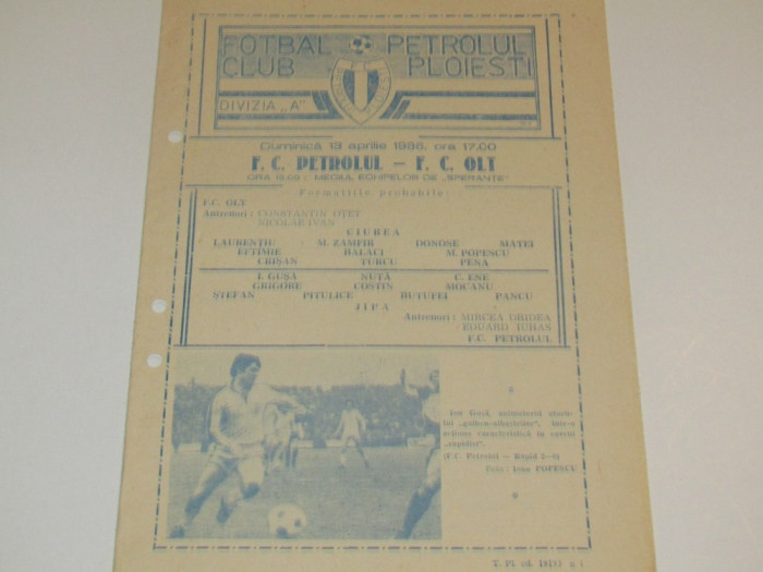 Program meci fotbal PETROLUL PLOIESTI - FC OLT (13.04.1986)