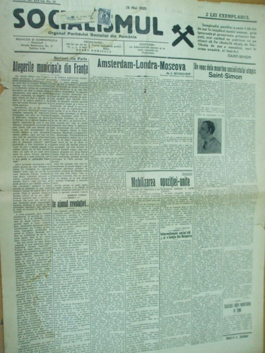 Socialismul 24 mai 1925 Saint - Simon Galati Braila Voinea Turati