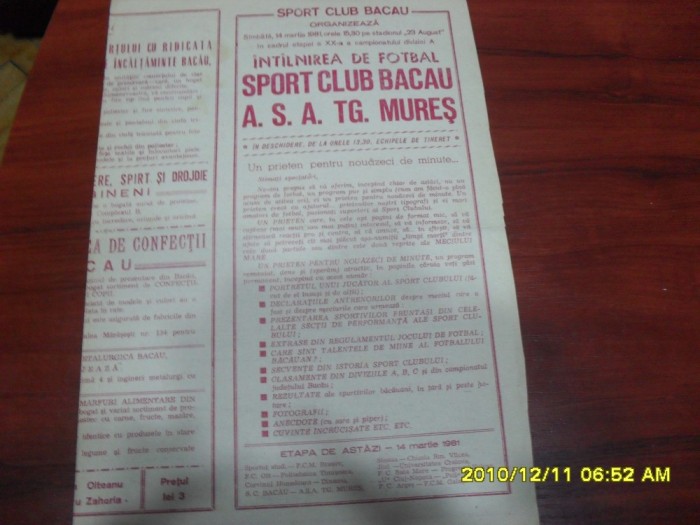 program SC Bacau - ASA Tg. Mures