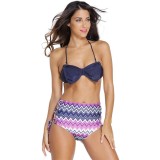 Costum Baie Dama Pin Up Talia Inalta S/M, Cupa 80B, Funda, Snururi Laterale, Negru/Bleumarin