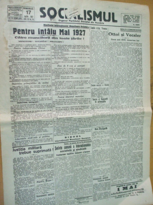 Socialismul 17 aprilie 1927 1 mai recensamant Ottoi Vecsler Lugoj Balcani vama