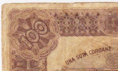 Bancnota UNA SUTA COROANE 1920 100 kronen korona Ungaria Romania Transilvania foto
