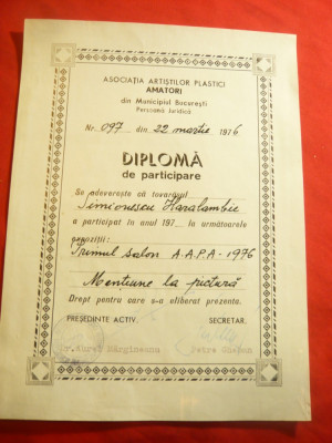 Diploma participare -Primul Salon AAPA 1976-Mentiune Pictura,semnat A.Margineanu foto