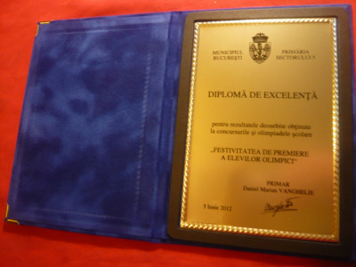 Diploma de Excelenta pt Elevi Olimpici 2012 ,semnat Primar Vanghelie 17x12,5 cm foto