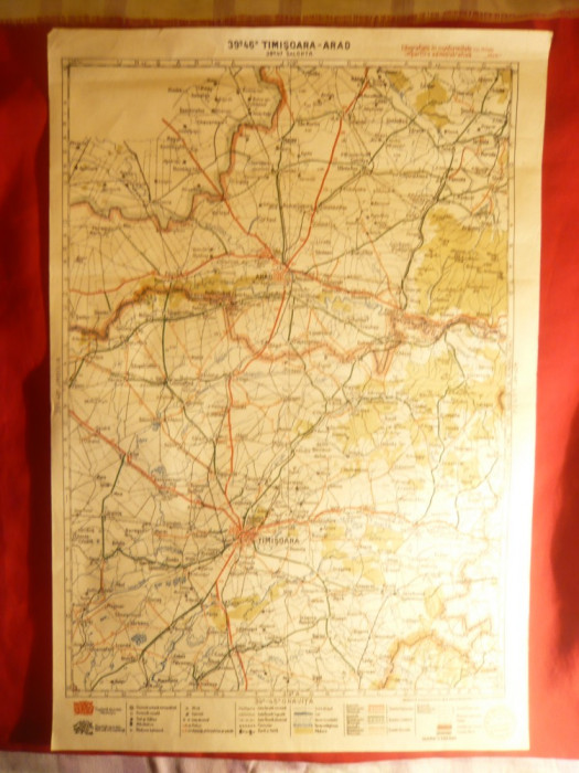 Harta zonei Timisoara- Arad 1928 -Litografie-,dim.= 32x48 cm long.39-46grd.