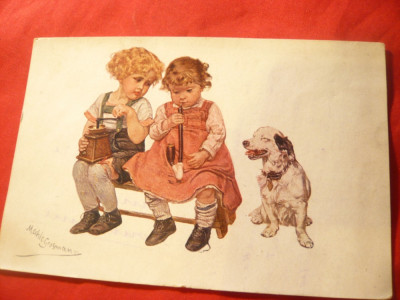 Ilustrata comica - Copii imita adultii -cu Pipa si cu rasnita de zahar ,semnat foto