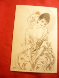 Ilustrata comica - Femeie si Eros , semnata , Italia