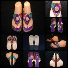 PAPUCI FLIP FLOPS DAMA PIELE HAND MADE INDIA MOV TURCOAZ ROSU ACCESORII LEMN