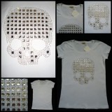Tricou Dama Alb Craniu Cristale Bumbac Maneca Scurta Supradimensionat Cap Mort Skull Party Clubbing Cadou Original