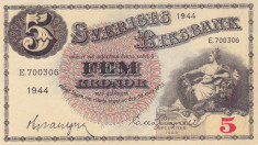 Bancnota Suedia 5 Kronor 1944 - P33aa UNC foto