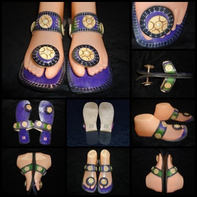 PAPUCI FLIP FLOPS DAMA PIELE NATURALA HAND MADE INDIA MOV VERDE ACCESORII LEMN foto