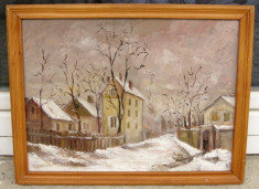 Tablou pictat in ulei dupa Andreescu Peisaj urban iarna 52x56 cm foto
