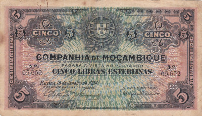 SV * Mozambic 5 LIRE / POUNDS 1934 * Supratipar perforat 1942 foto