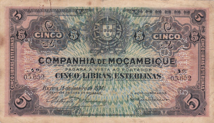 SV * Mozambic (colonie Portugalia) 5 LIRE / POUNDS 1934 * perforat 1942