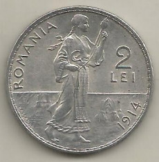 ROMANIA 2 LEI 1914 [1] a UNC , luciu si patina , livrare in cartonas foto
