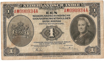 INDIILE OLANDEZE NETHERLANDS INDIES 1 GULDEN 1943 VF foto