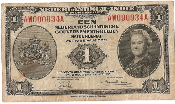 INDIILE OLANDEZE NETHERLANDS INDIES 1 GULDEN 1943 VF