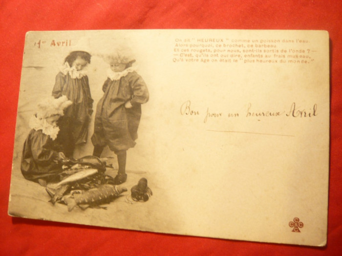 Ilustrata -Felicitare de 1 Aprilie- Copii si Pesti ,circulat 1904