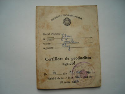 Certificat de producator agricol 1961 foto