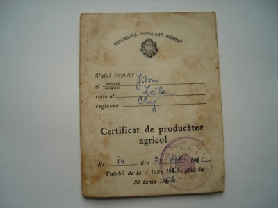 Certificat de producator agricol 1961 foto