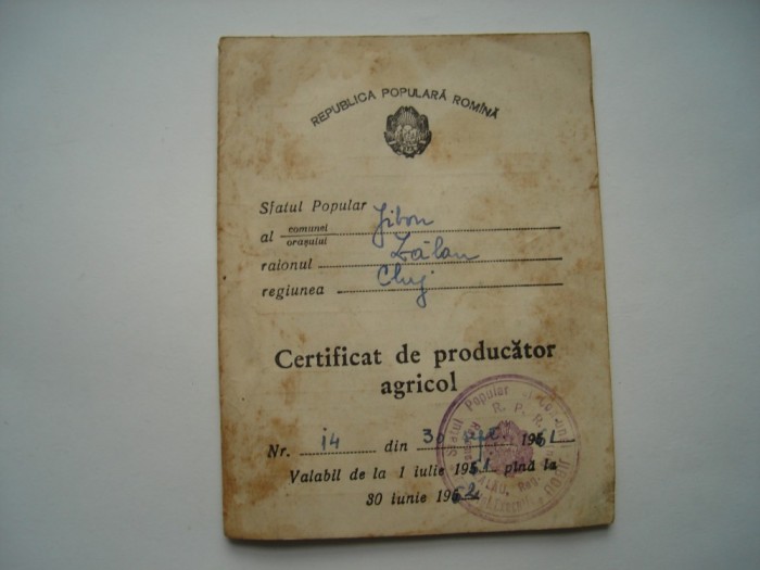 Certificat de producator agricol 1961