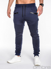 Pantaloni pentru barbati de trening, bleumarin, buzunare laterale, fermoare decorative, banda jos, cu siret, bumbac - p427 foto