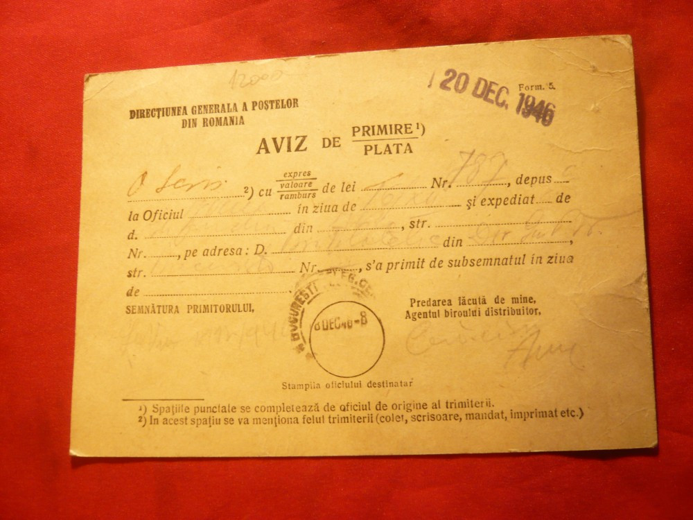 Aviz de Plata -Posta Romana 1946 Recomandata ,stamp. liniara, Circulata,  Printata | Okazii.ro