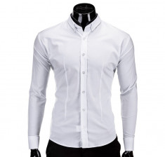 Camasa pentru barbati, alba, simpla, uni, slim fit, elastica, cu guler, bumbac - K219 foto