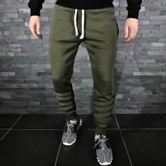 Pantaloni pentru barbati de trening, verde, conici, banda jos, cu siret alb, bumbac - Z0015 foto