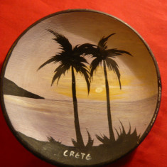 Farfurioara ornamentala- pictata manual cu Peisaj -Creta ,ceramica ,d= 12 cm