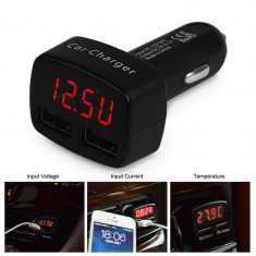 Incarcator dublu auto, 2x 3.1 A USB, indica voltaj, temperatura, led rosu, negru foto