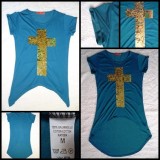 Tricou Dama Albastru Bumbac Coada Paiete Aurii Cruce M&acirc;necă Scurtă M