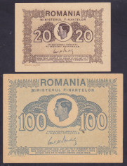 Bancnota Romania 20 si 100 Lei 1945 - P76/ 78 XF++ ( 2 bancnote - Regele Mihai) foto