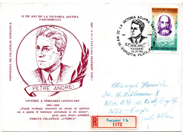 Expo. Filatelica, Focsani, Petre Andrei, Nicolae Iorga