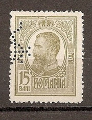 SD Romania 1908 LP67- Carol I Tipografiate, 15 Bani oliv, PERFIN &amp;quot;BCR&amp;quot; foto