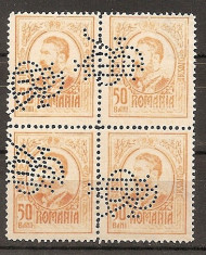 SD Romania 1908 LP66- Carol I gravate, 50 Bani, bloc de 4 timbre, PERFIN &amp;quot;BCR&amp;quot; foto