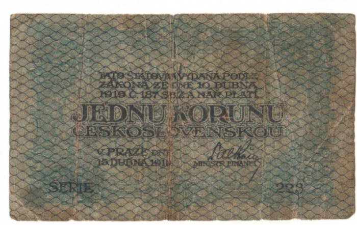 SV * Cehoslovacia JEDEN KORUN / 1 COROANA 1919