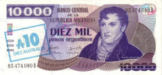 Argentina 10 Australes 1985 - ( overprint peste 10,000 Pesos) P-322 UNC !!! foto
