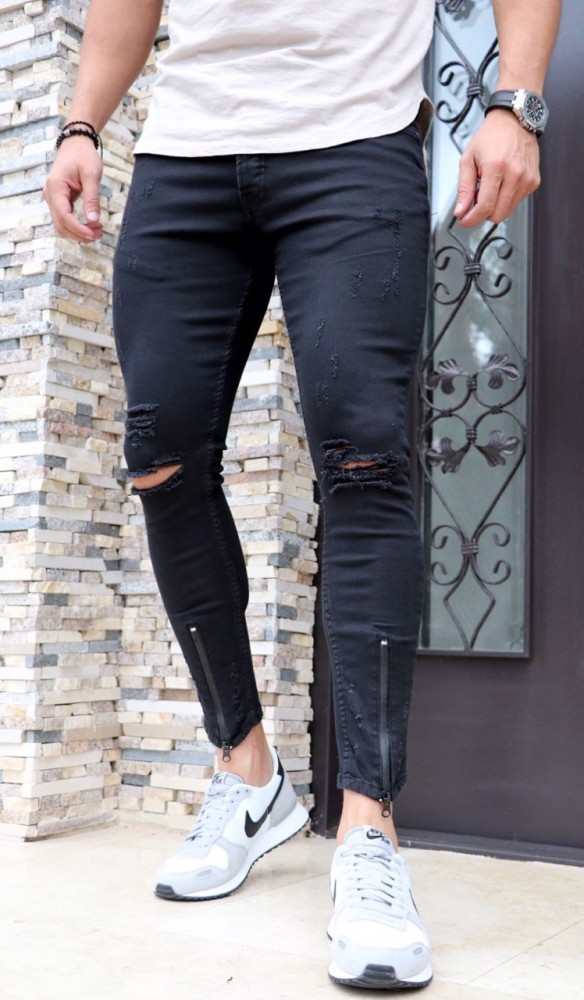 Blugi barbati slim fit negri rupti skinny LIVRARE GRATUITA IN TOATA ...