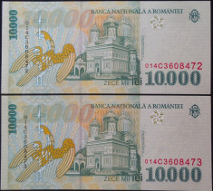 Lot / Set 2 Bancnote Serii Consecutive 10000 Lei ROMANIA, anul 1999 *cod 609 UNC foto