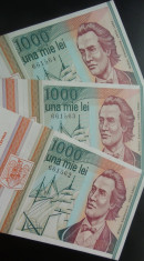 Lot / Set 3 Bancnote Serii Consecutive 1000 Lei- ROMANIA, anul 1993 *cod 605 UNC foto