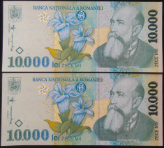 Lot / Set 2 Bancnote Serii Consecutive 10000 Lei ROMANIA, anul 1999 *cod 610 UNC foto